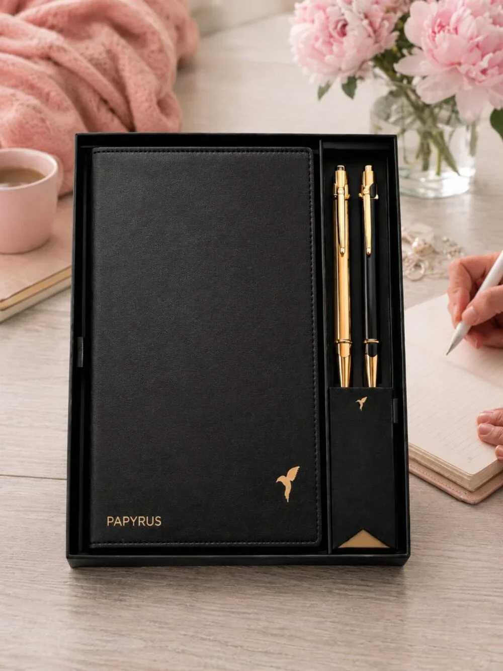 Papyrus Boxed Journal Gift Set Black Journal 9.3” x 7” w/ 2 Pens & Bookmark NIB